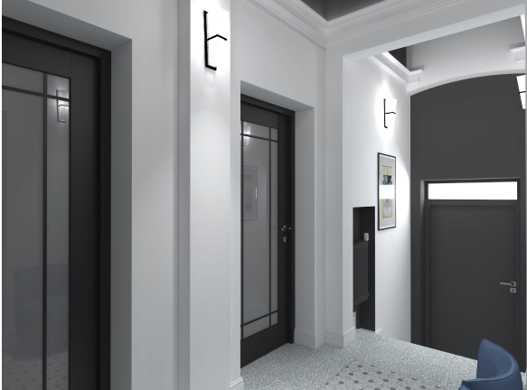 Nowoczesny korytarz z białymi ścianami, jasną podłogą i czarnymi drzwiami ze szklanymi panelami