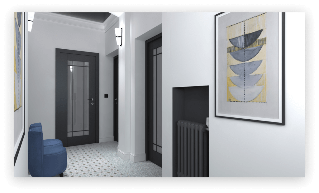 Wnętrze korytarza z niebieską ławką, abstrakcyjnym obrazem na ścianie, czarnymi drzwiami i wzorzystą posadzką.