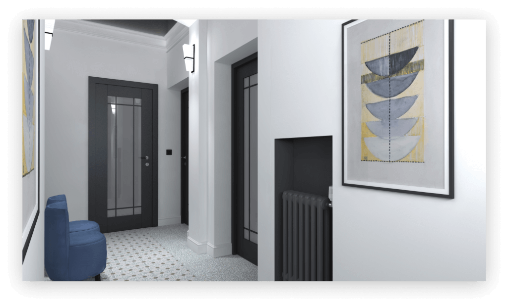 Wnętrze korytarza z niebieską ławką, abstrakcyjnym obrazem na ścianie, czarnymi drzwiami i wzorzystą posadzką.