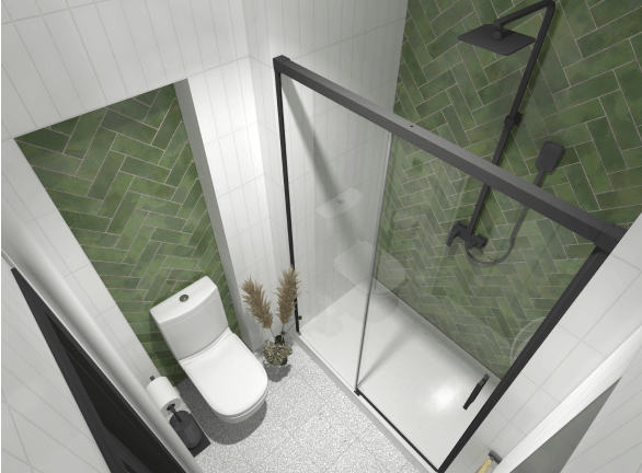 Nowoczesna łazienka z prysznicem, zielonymi płytkami w jodełkę i białą toaletą