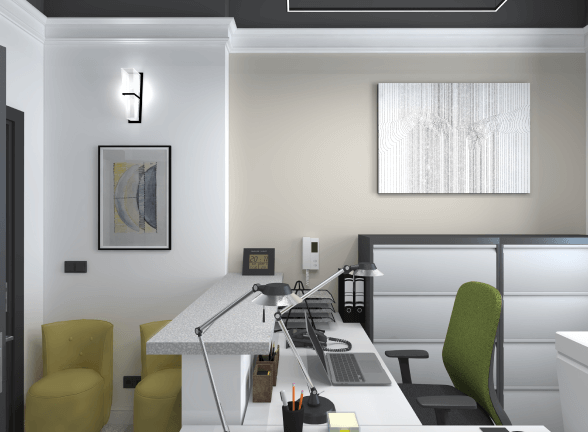 Biurko w nowoczesnym biurze z lampką, laptopem, szafkami i fotelami
