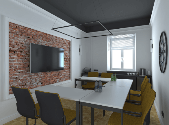Sala konferencyjna z długim stołem, żółtymi krzesłami i telewizorem na ceglanej ścianie