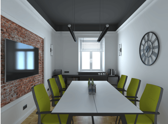 Sala konferencyjna z kontrastową ścianą z cegły, dużym zegarem i limonkowymi krzesłami